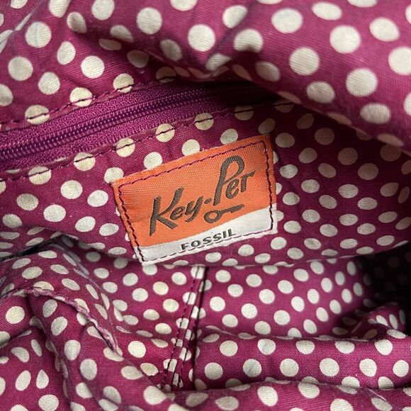 Fossil Key -Per Quilted Fabric burgundy shoulder bag brown leather trim & straps - Picture 12 of 12